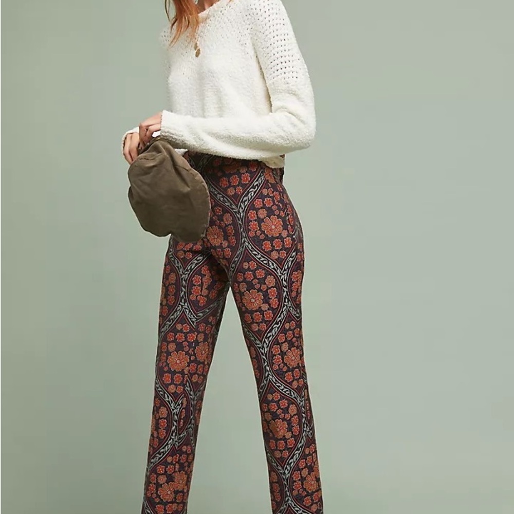 Anthropologie Floral Patterned Slim Ankle Pants 2 - Picture 2 of 8